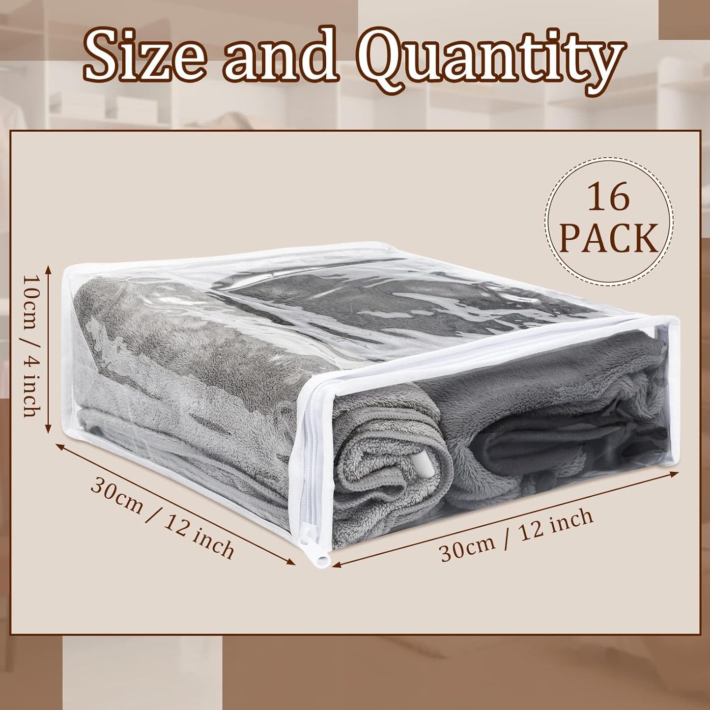 Kingdder 16 Pcs Clear Zippered Storage Bags Plastic Sweater Bags with Zipper 12 x 12 x 4 Inch Vinyl Sheet Organizer and Storage for Clothing Blankets Sheet Linen Bed Pillow Cube Organizer