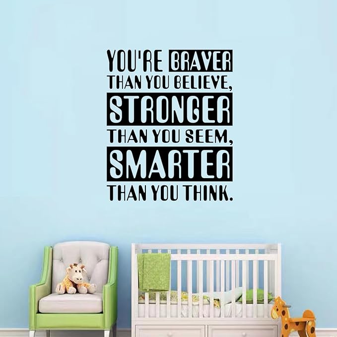 Kids Quotes Wall Decals for Nursery: Baby Inspirational Positive Moon Stars Vinyl Art Wall Stickers - Bedroom Playroom School Wall Decor - You're Braver Than You Believe Stronger 20" X 24"