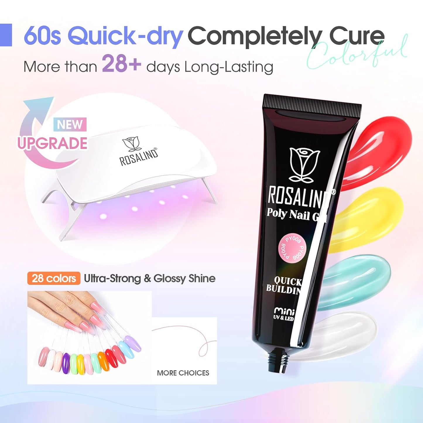 ROSALIND 28 Colors Color Poly Nail Gel Colors Kit with Mini Nail Lamp Clear Neon Poly Nail Gel Starter Kit for Beginners Halloween All Seasons Classic Colors with Everything