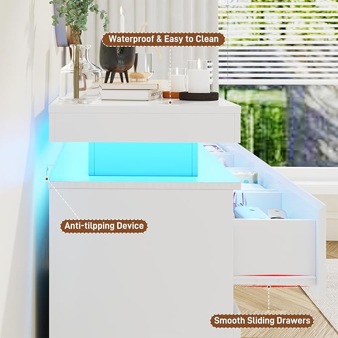 10 Drawer Dresser for Bedroom, 63“ Wide 34” Tall Drawer Organizer Cabinet with LED Light and Charge Station, Modern Chest of Drawers for Closet, Living Room, Entryway, Hallway (White, 10 Drawers)