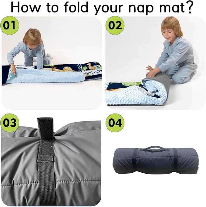 Personalized Toddler Nap Mats for Preschool, Custom Name Kids Sleeping Bag for Daycare, Roll Up Sleeping Mat with Removable Pillow and Soft Dot Minky Blanke for Boys Camping Travel