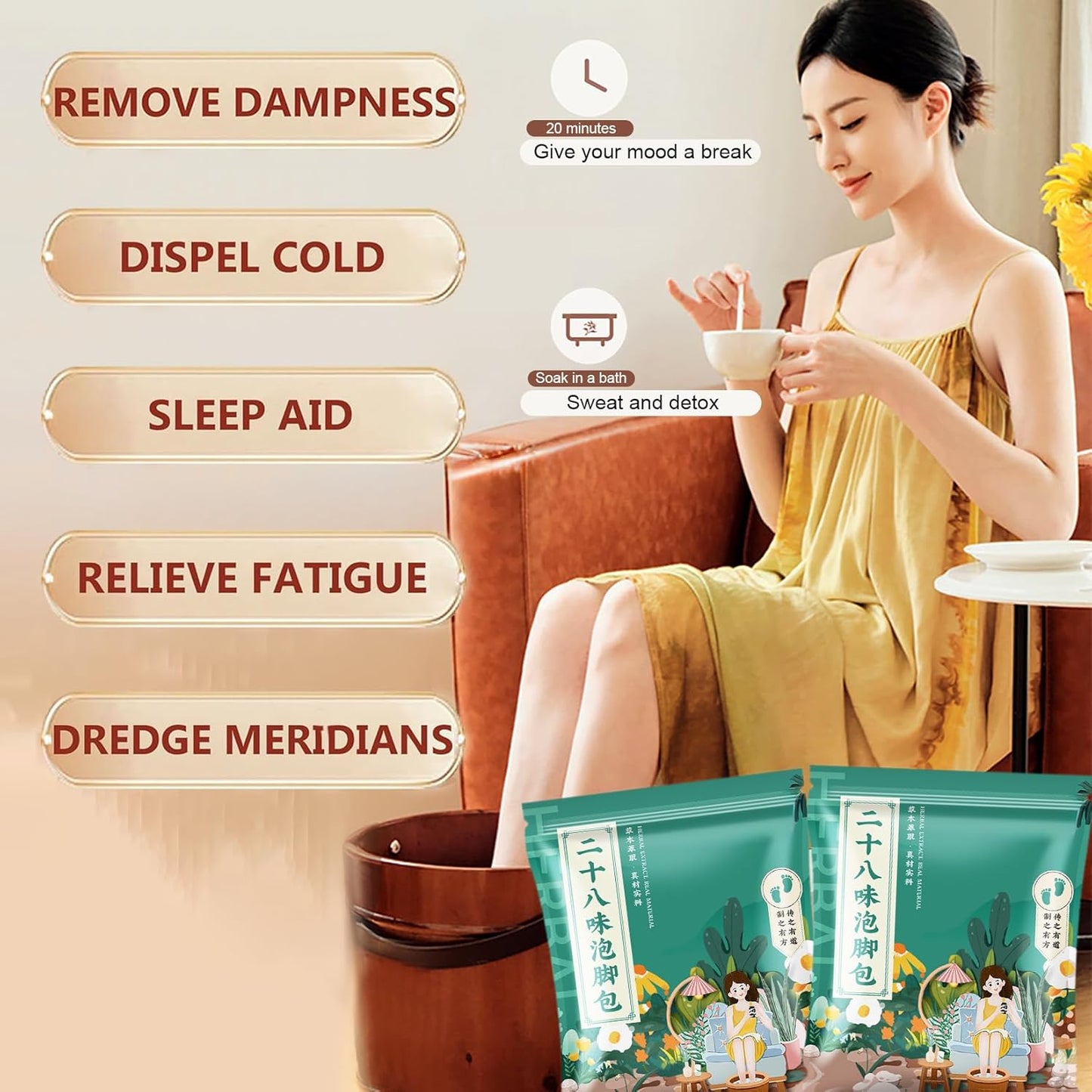30 Bags Herbal Foot Soak,Foot Bath Herb,Foot Spa Bath Soak Foot Detox Soak to Remove Toxins,Relieve Fatigue & Dispel Cold and Remove Dampness 艾草排湿排寒泡脚包 900g(30 bags*30g) (Green B, 30.5x40.5CM)