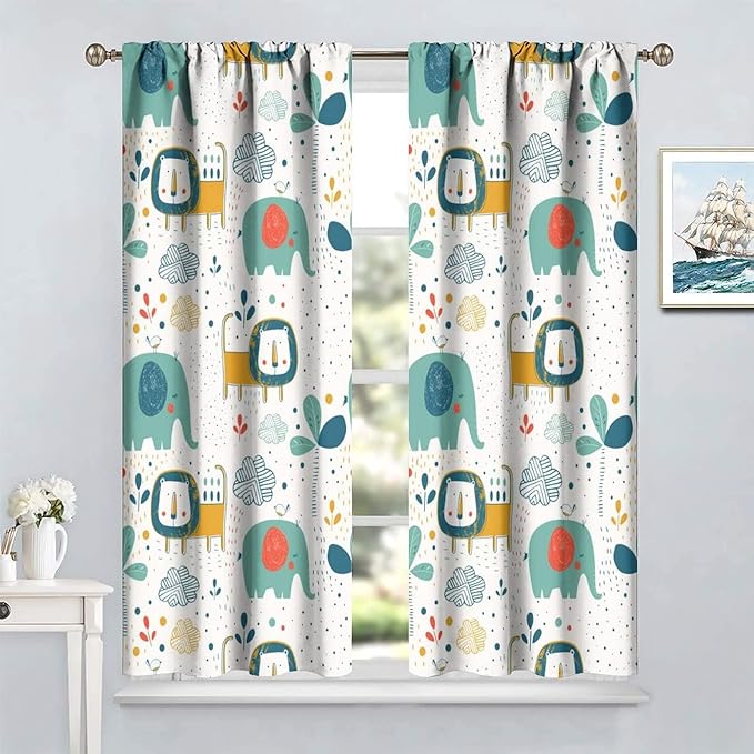 Cute Lions Blackout Curtains for Kids Bedroom,Cartoon Tropical Plants Birds Elephants Print Pattern Window Drapes,Funny Animal Thermal Insulation Curtain for Nursery Baby Room 63x72in