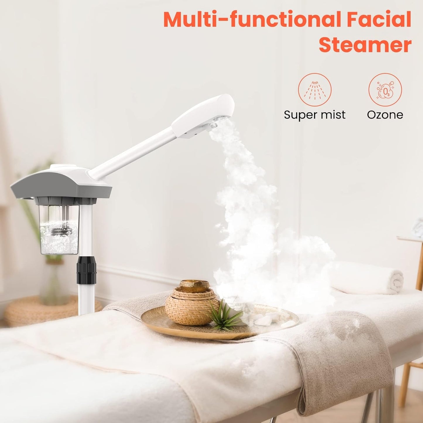 TASALON Professional Facial Steamer Machine on Wheels, Standing Esthetician Steamer with Hot Ozone Mist, Facial Be Used for Skin Rejuvenation, Steamer for Facial Used for Spa or Personal Care, White
