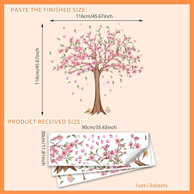 Large Cherry Blossom Wall Decals - Pink Flower Tree Wall Stickers for Girls Kids Bedroom Nursery Living Room TV Wall Decor (H: 45 Inch)