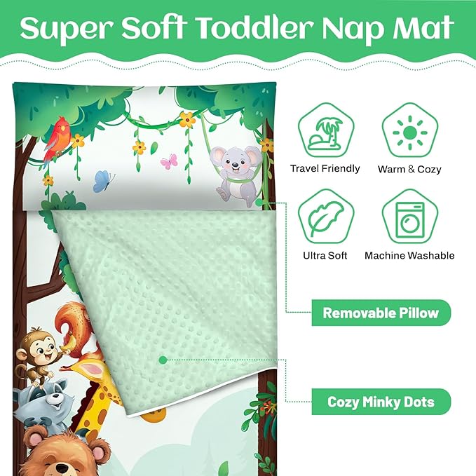 Toddler Nap Mat Kids Sleeping Bag 59‘’×24‘’, Soft Slumber Bag with Removable Pillow for Kids Girls Boys,Roll Up Sleeping Mat Lightweight for Camping,Daycare, Kindergarden