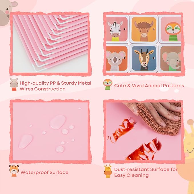 Costzon Kids Closet, Cartoon DIY Modular Dresser Storage Organizer with 12 Cubes & 2 Clothes Hanging Rack, Portable Armoire for Baby Toddlers, Kids Wardrobe for Bedroom Nursery (Pink)