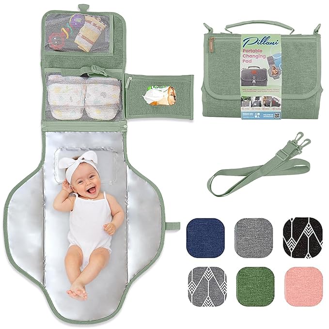 Portable Changing Pad for Baby, Travel Diaper Changing Pad for Newborn, Large Waterproof Baby Changing Mat, Foldable & Detachable Diaper Changing Station with Baby Wipes Pockets, Baby Stuff by Pillani