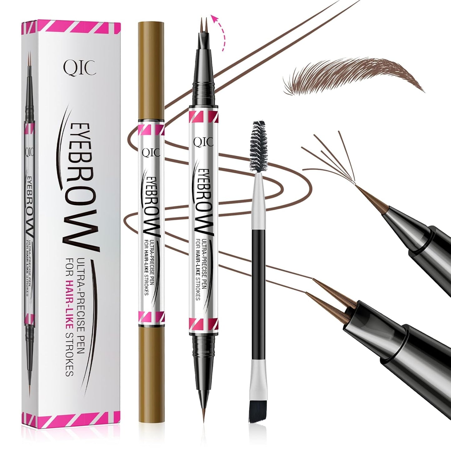 2 Pack Microblading Eyebrow Pencils for Women,2-in-1 Dual-Ended Eye Brow Pen with 2-Fork-Tip and Precise Brush-Tip, Waterproof Long Lasting Eyebrow Pen for Natural Hair-Like Brows(Brown*2)