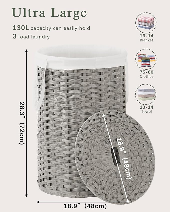 Large Laundry Hamper Laundry Basket Round 34.3 Gal (130 L) Handwoven Wicker Laundry Baskets Rattan Laundry Basket with Laundry Bag Handles 2 Mesh Bags for Living Room Bedroom Gray