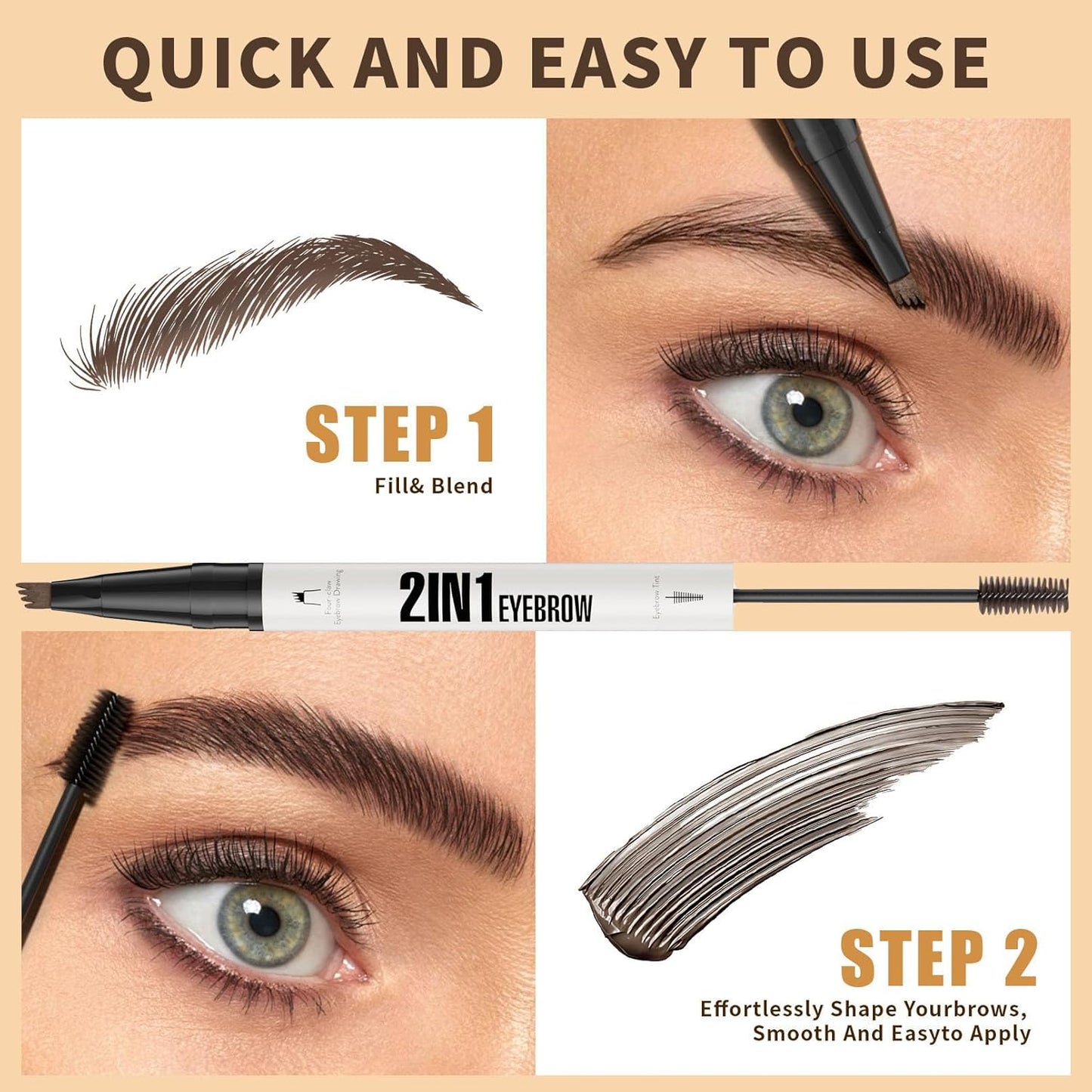 4-Fork Tip Microblading Eyebrow Pen - 2-in-1 Waterproof Eyebrow Pencil, Long-Lasting Natural Hair-Like Brows, Smudge-Proof & Easy to Use (With Tint 01#Light Brown)