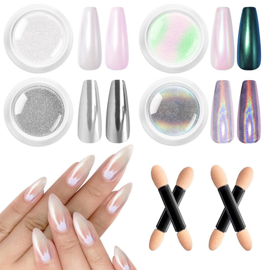 4pcs Chrome Nail Powder: Upgrade Silver Mermaid Effect White Chrome Nail Powder,Iridescent Aurora Holographic Nail powder Kit for DIY Nail Art Decorations(Laser,Green)