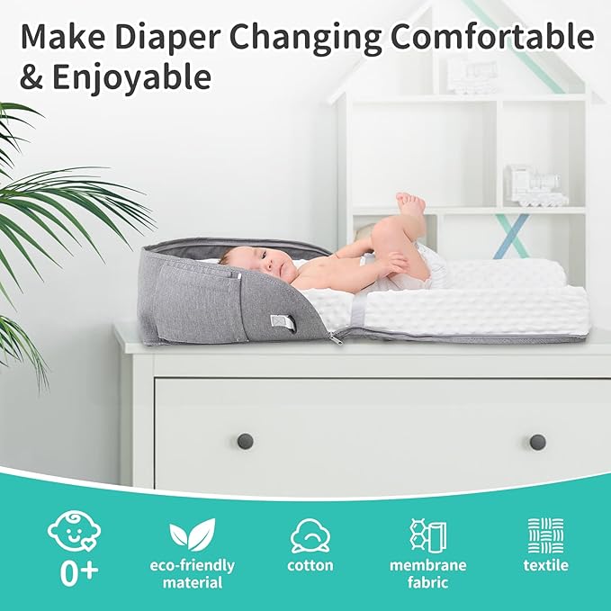Portable Baby Diaper Changing Pad Foam Contoured Changing Table Pad with Soft Non-Slip Cover and Headrest Waterproof Diaper Bag for Dresser, Changing Table Topper Travel Outdoor