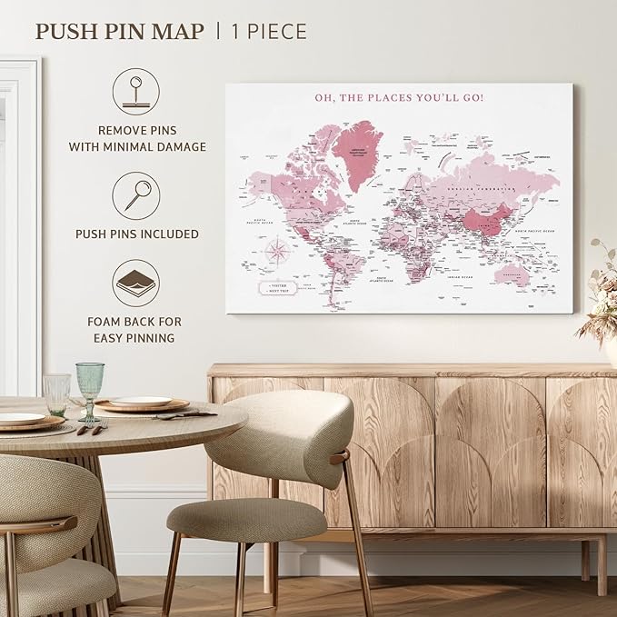 ElephantStock - Places You'll Go Push Pin World Map Wall Art - Horizontal Canvas Wall Art - Living Room Wall Decor - Digital Art Map Canvas Art - White And Pink Decor - 36" x 24"