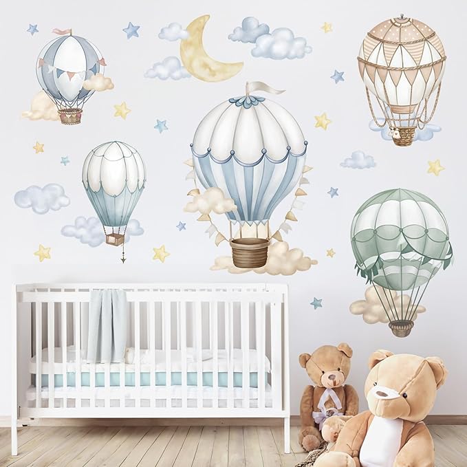 wondever Watercolor Hot Air Balloon Wall Stickers Star Moon Cloud Balloons Peel and Stick Wall Art Decals for Baby Nursery Kids Bedroom