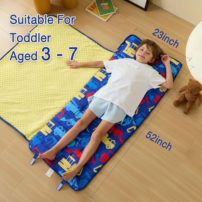 beeweed Toddler Nap Mat, Rollup Design Kid Sleeping Mat with Removable Pillow & Minky Blanket, Toddler Sleeping Bag for Daycare Preschool Travel Camping