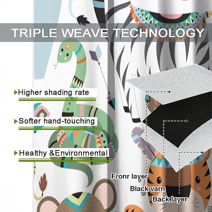 Jungle Tribal Animals Curtains, Southwest Aztec Cartoon Funny Zoo Animals Giraffe Lion Elephant Zebra Tiger Print Thermal Insulation Window Drapes for Kids Boys Girls Bedroom Living Room 63x72in