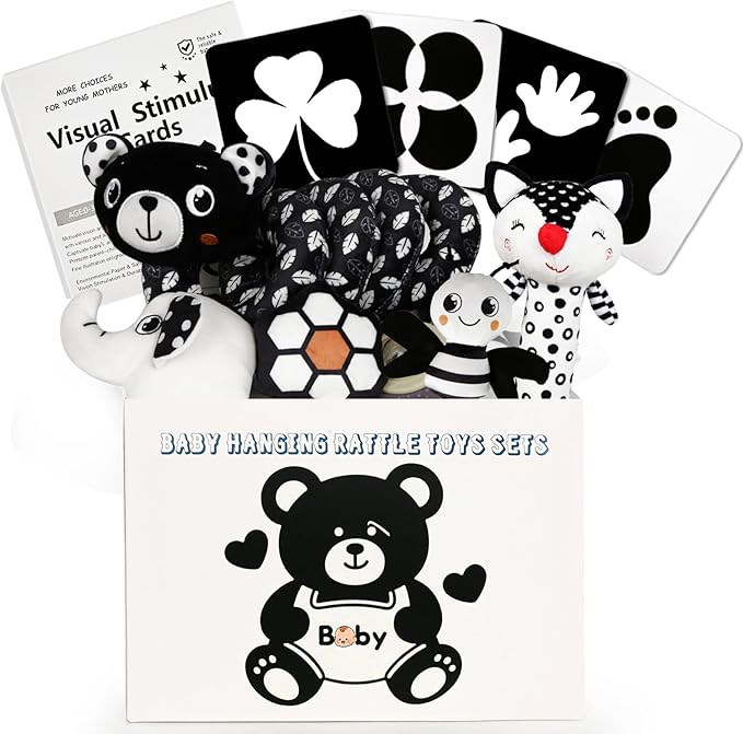 TSYAN High Contrast Baby Toys for Babies 0-6 Months, Black and White Baby Sensory Toys with Car Seat Toys,Infant Toys with Black White Cards Book, Montessori Toys for Baby Gifts