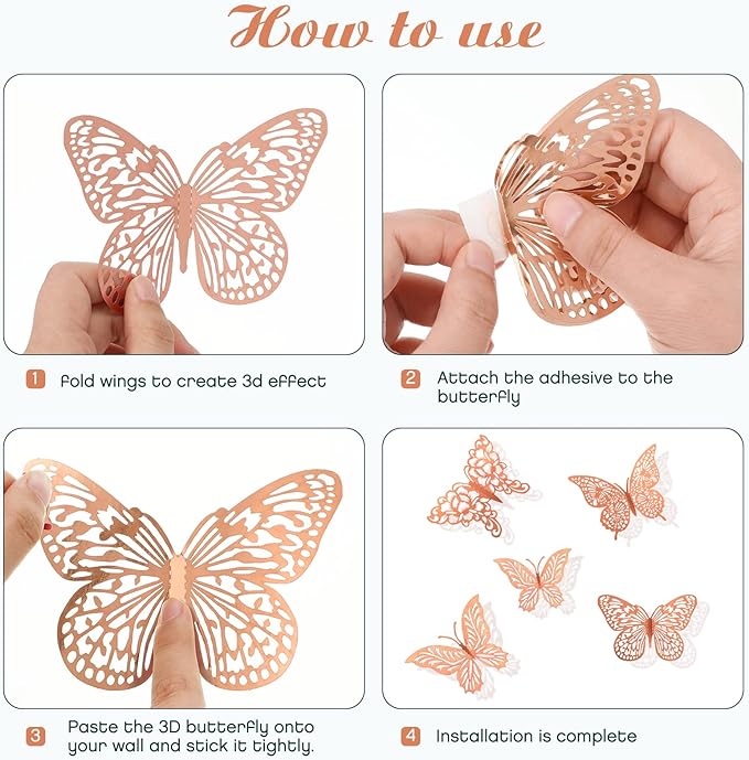 3D Gold Butterfly Wall Decor 3 Sizes 4 Styles Butterfly Party Decorations Cake Decorations Removable Stickers Wall Decor Room Mural Metallic Kids (Rose Gold, 96Pcs)