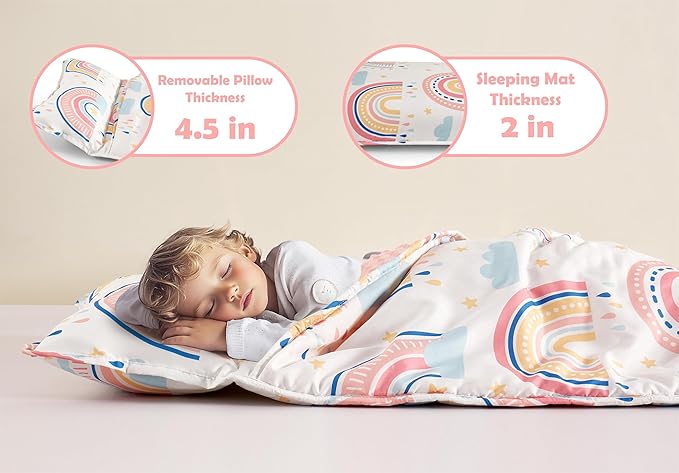 Toddler Nap Mat with Removable Pillow & Minky Blanket Sleeping Bag for Kids Handle & Fastening Nap Mats for Preschool Daycare Kindergarten Kids Sleeping Bag (Ages 2-7 Years) Blue Dinosaur