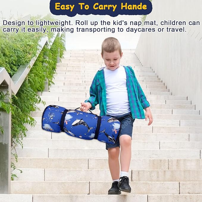 Toddler Nap Mat with Removable Pillow and Soft Dot Minky Blanket, Pea Pod Kids Shark Napping Mats Extra Large Rolled Slumber Bags for Boys Preschool, Daycare, Camping, 22.9 x 51.2inches Ages 3-7 Years