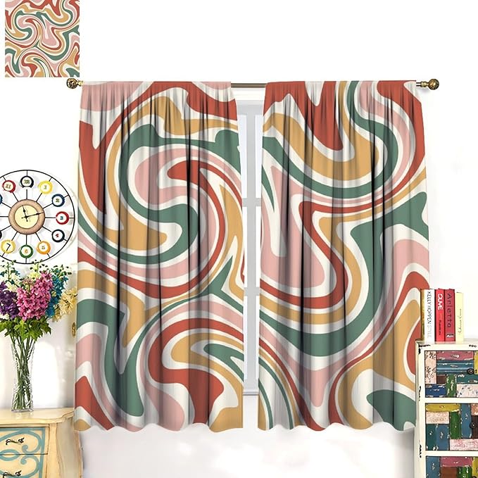70S Abstract Wavy Swirl Curtain for Bedroom Windows,Retro Boho Minimal Teen Girls Kids Living Room Restroom Window Treatments Drapes 63"" W X 63"" L, Style-4