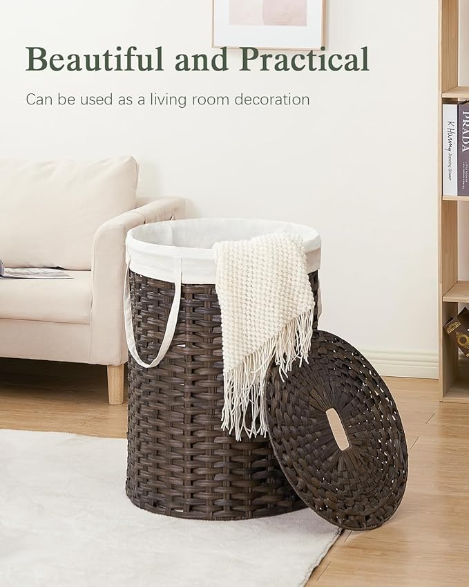 Laundry Basket with Lid Round Rattan Laundry Hamper with Lid and Handles 29.1 Gal (110 L) Handwoven Woven Basket with Removable Bags and 2 Mesh Bags for Bathroom Living Room Brown