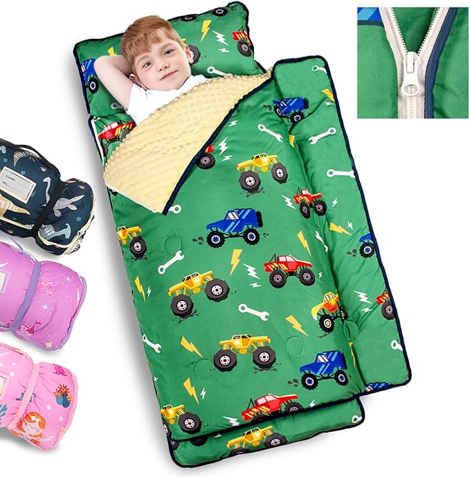 Primlect Toddler Nap Mat Extra Large Thickened 55''x35'', Soft Sleeping Bag with Detachable Minky Blanket and Pillow, Portable for Daycare, Preschool, Kindergarten, Travel, Boys and Girls