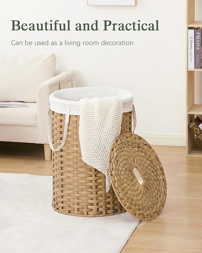 Laundry Basket with Lid Round Rattan Laundry Hamper with Lid and Handles 29.1 Gal (110 L) Handwoven Woven Basket with Removable Bags and 2 Mesh Bags for Bathroom Living Room Natural
