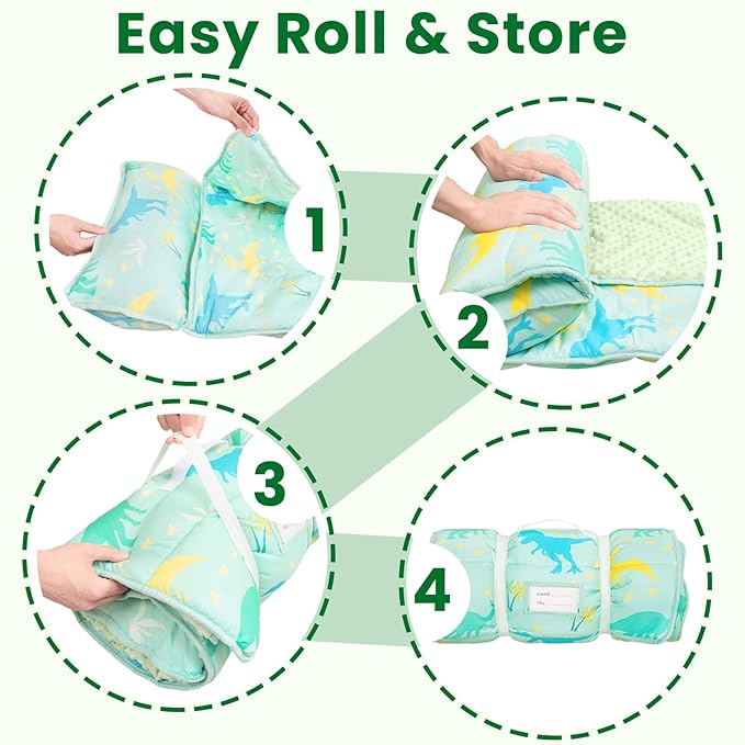 Toddler Nap Mat with Pillow and Minky Blanket, Large 55"x35" Sleeping Bag, Washable, Lightweight, Easy to Roll, Perfect for Preschool, Daycare, Kindergarten, Travel, Boys and Girls(Dinosaur)