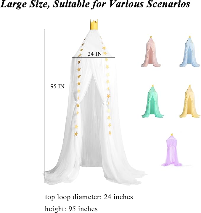 Bed Canopy for Girls - Soft, Washable and Easy to Install, Crib Canopy for Girls' Room with Star Decor, Princess Bed Canopy for Crib,Bed,Reading Nook, Snow White