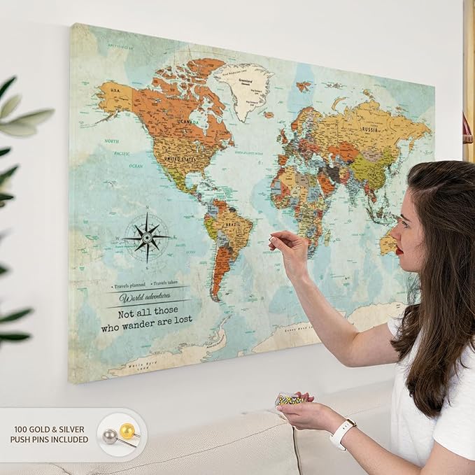 ElephantStock - Personalized Wanderer Push Pin World Map Wall Art - Horizontal Canvas Wall Art - Living Room Wall Decor - Digital Art Map Canvas Art - Orange And Blue Decor - 45" x 30"