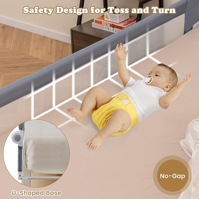 BABY JOY Double Sided Bed Rail Guard, 2 Pack, Extra Long, Swing Down for Convertible Crib, Folding Baby Safety Bedrail for Kids Twin Full Size Queen King Mattress, Rails for Toddlers (Light Gray, 71")