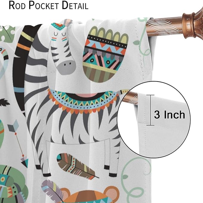 Jungle Tribal Animals Curtains, Southwest Aztec Cartoon Funny Zoo Animals Giraffe Lion Elephant Zebra Tiger Print Thermal Insulation Window Drapes for Kids Boys Girls Bedroom Living Room 63x72in