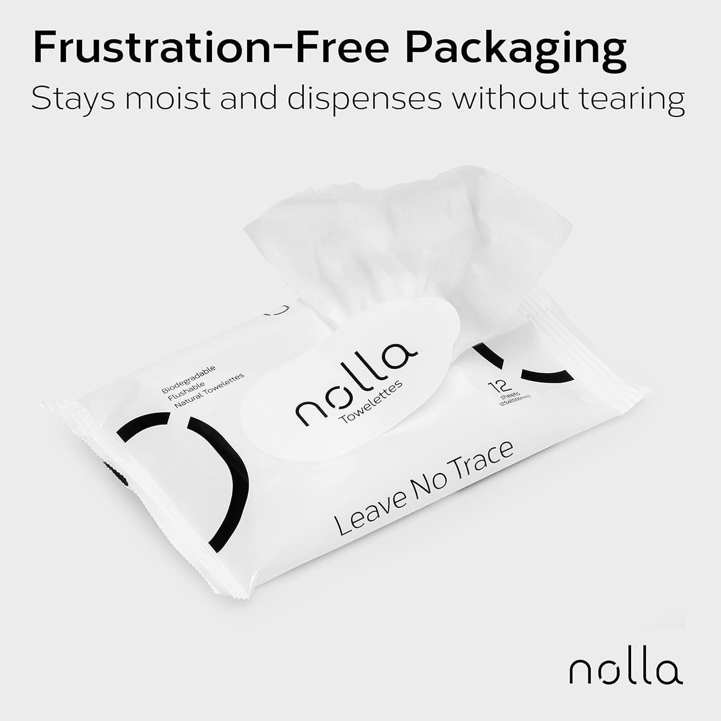 Nolla Flushable Wipes Travel Packs, 100% Plant-Based, Plastic-Free and Biodegradable - Unscented + Soothing Aloe and Vitamin E 120 Count (10 Packs of 12)