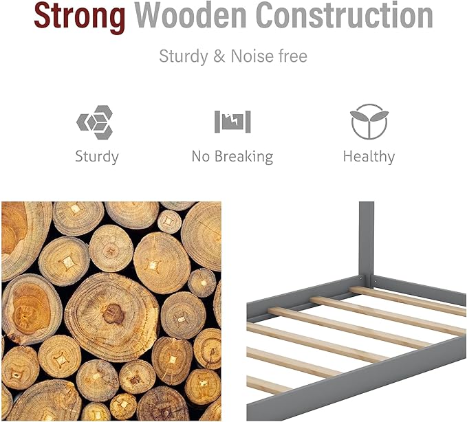 Merax Wood House Bed,Floor Bed with Wood Slats,No Box Spring Needed,Twin Size, Grey