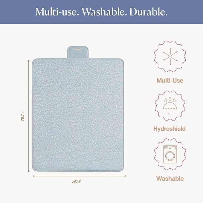 Toddlekind Premium Indoor/Outdoor Playmat & Picnic Blanket, Organic Quilted Cotton, Water-Resistant, Reversible Design, Spacious Play Mat for 6 People, Easy Roll-Up w/Carry Handle, Botanical Blue