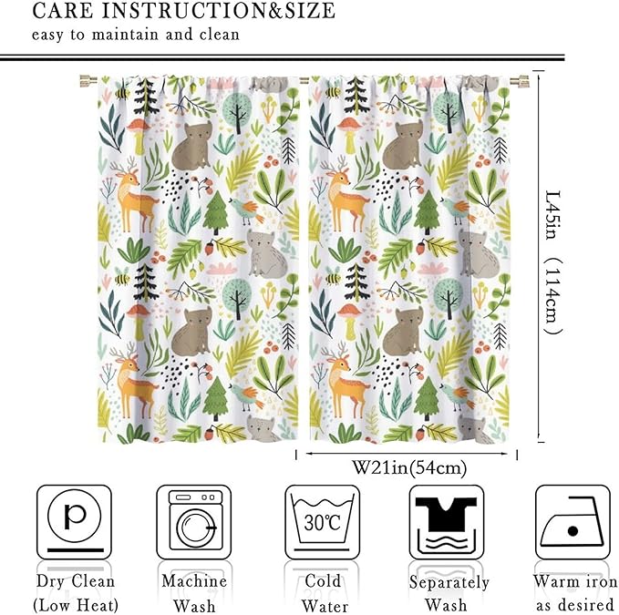 Cartoon Forest Kids Curtains,Cute Woodland Wild Animals Colorful Deer Plants Trees Print Pattern Thermal Insulation Blackout Window Drapes for Nursery Boys Girls Bedroom,White Background 42x45 Inch