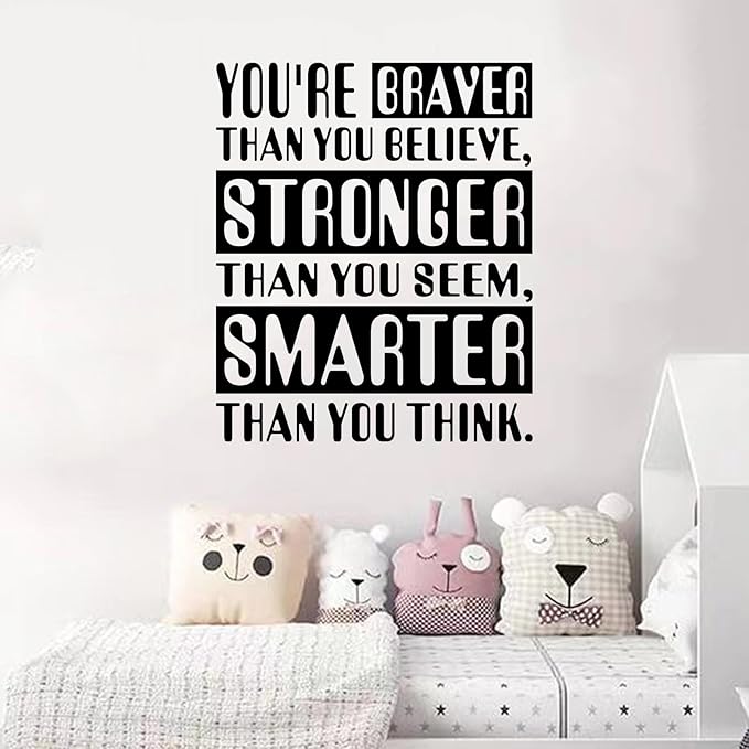 Baby Quotes Wall Stickers for Nursery: Kids Inspirational Positive Moon Stars Vinyl Art Wall Decals - Bedroom Playroom School Wall Decor - You're Braver Than You Believe Stronger 15" X 18"