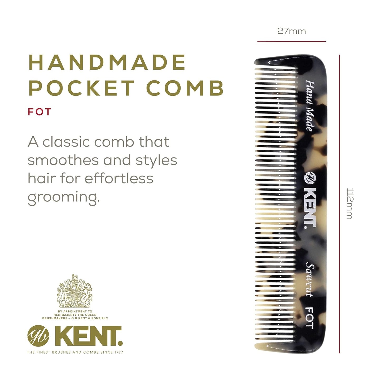 Kent FOT Tokyo White Fine Tooth Comb for Men - Handmade Pocket Comb for Travel, Styling, Fine or Thinning Hair, Mustache and Beard Care Handpolished Saw-Cut Made in England