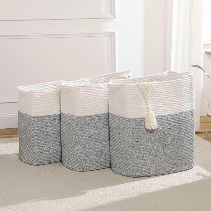 Tall Laundry Basket With Handles,Woven Cotton Rope Big Laundry Hamper Sorters,Versatile Storage for Dirty Clothes,Baby Toys,and Blankets in Bathroom, Nursery,and Living Room (Silver Gray, 68L)