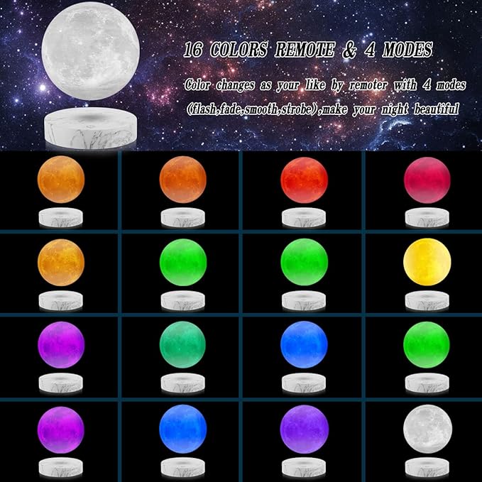 VGAzer Levitating Moon Lamp,Floating and Spinning in Air Freely with 3D Printing LED Moon Light Has 16 Colors 20 Modes for Unique Christmas Gifts,Room Decor (Marble Base 16 Colors)