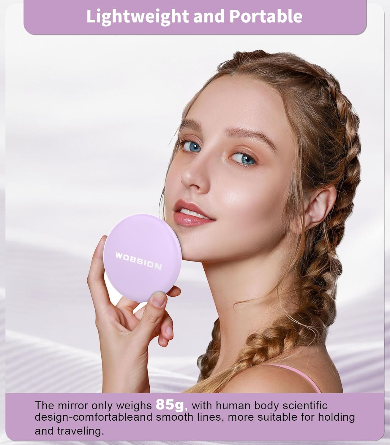 WOBSION Travel Compact Mirror,Portable 1x/10x LED Makeup Mirror with Magnification,Handheld 2-Sided Pocket Mirror, 3.5in Small Mirror for Purse,Handbag,Gift,Purple