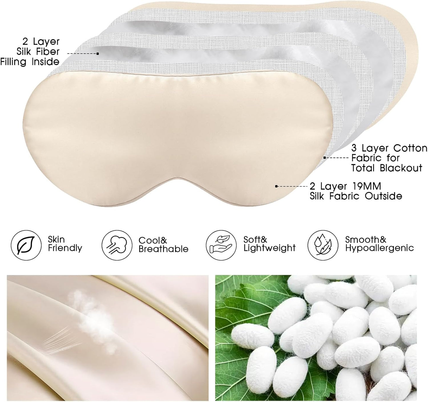 100% Mulberry Silk Eye Mask for Sleeping with Silk Wrapped Adjustable Strap,Beige