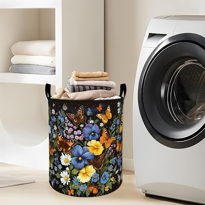Blooming Floral with Colorful Butterfly Laundry Basket with Handles, 19.7"x15.7" Clothes Foldable Laundry Hamper Organizer for Dorm Nursery Bedroom Bathroom Decor, Toy Storage Bin for Kids