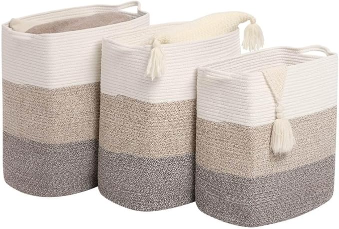 Tall Laundry Basket With Handles,Woven Cotton Rope Big Laundry Hamper Sorters,Versatile Storage for Dirty Clothes,Baby Toys,and Blankets in Bathroom, Nursery,and Living Room (Gradient Brown, 68L)