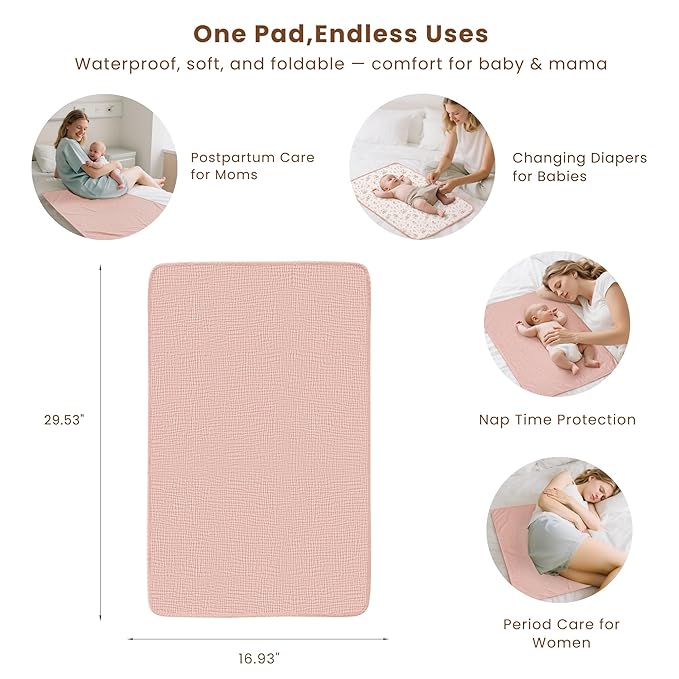 Konssy 2 Pack Waterproof Muslin Cotton Portable Changing Pad 30"x 17", Soft & Foldable Baby Changing Mat Travel Pad with Terry Backing, Shower Gift for Newborn Girls Boys (Pink,Blossom)