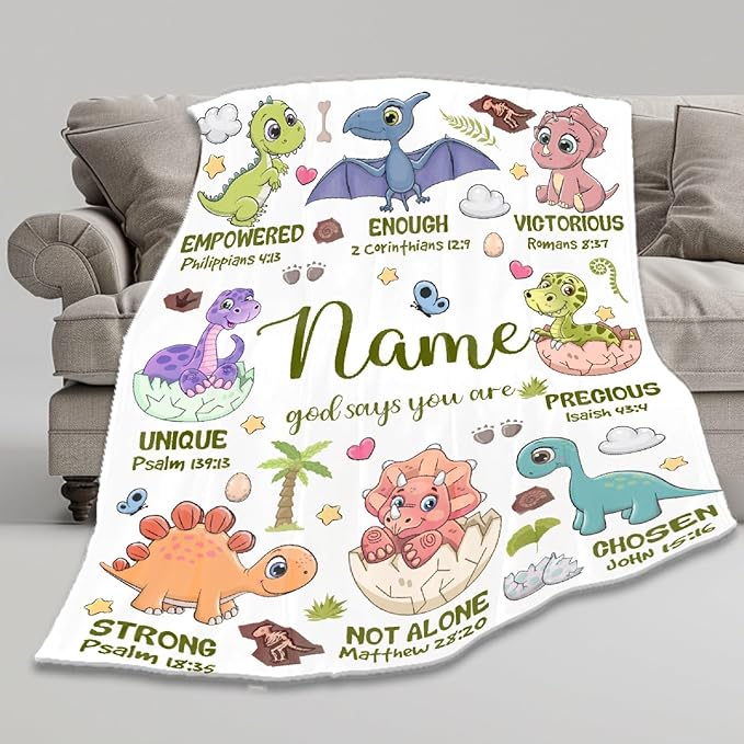Personalized Dinosaur Blanket,Custom Dinosaur Gifts for Kids Boys,God Says I Am Themed Blanket,Meaningful Thoughtful Religious Baptism Christian Gifts,Bible Verse Quilt with Name, 30"x40"