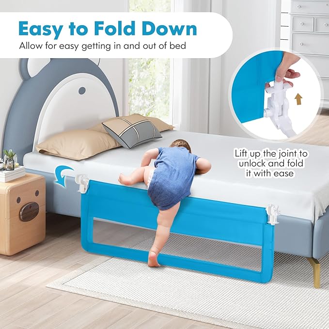 HONEY JOY Bed Rail for Toddlers, 59-in Extra Long, Portable Safety Bed Guardrail w/Double Safety Child Lock, Foldable Baby Bed Rail Guard, Fit King & Queen Full Twin Size Bed Mattress (2 Pack, Blue)