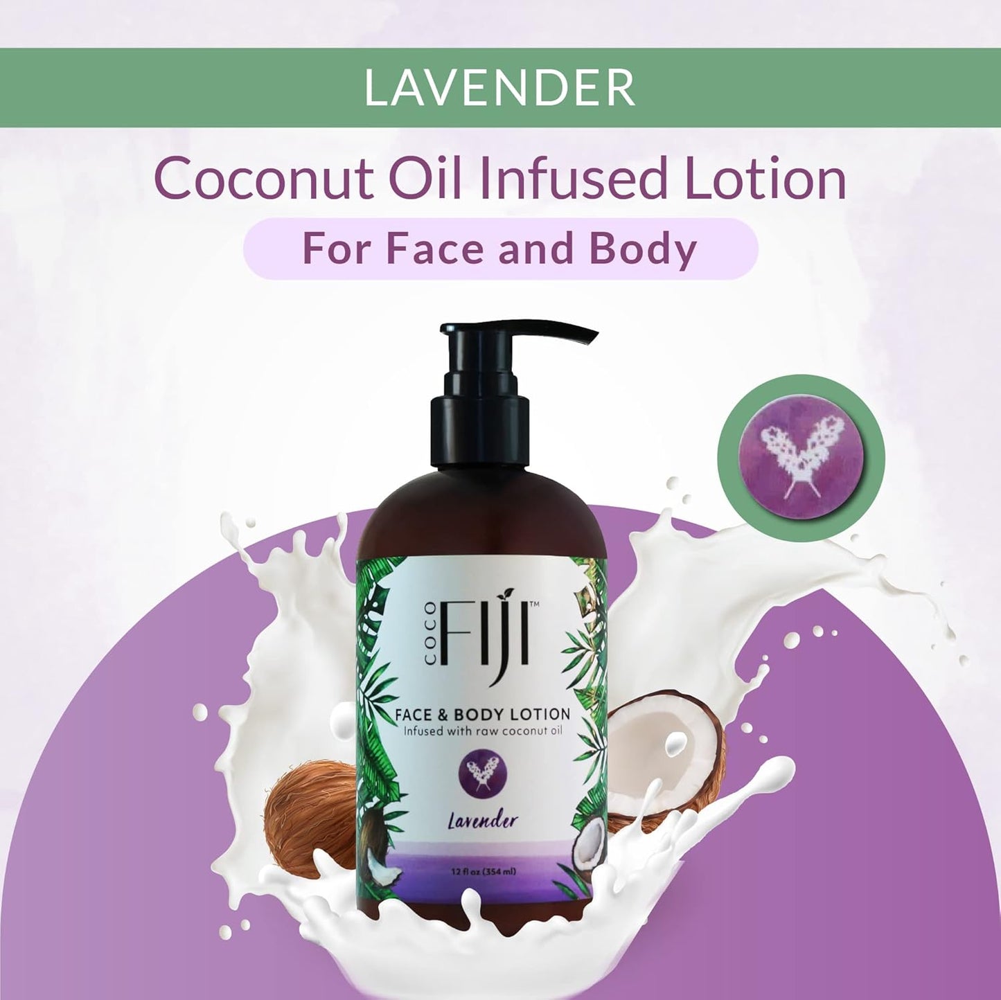 Coco Fiji Face & Body Lotion Infused With Coconut Oil | Lotion for Dry Skin | Moisturizer Face Cream & Massage Lotion for Women & Men | Lavender 12 oz, Pack of 1
